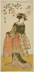 O Ator Nakayama Tomisaburo I como a Gueixa Yukino (ou Oyuki?) na Peça Kabuki no Hana Bandai Soga, Realizada no Teatro Ichimura no Quarto Mês, 1781