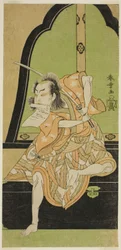 O Ator Onoe Kikugoro I como Ukishima Danjo (?) na Peça Shinasadame Soma no Mombi (?), Apresentada no Teatro Ichimura (?) no Sétimo Mês, 1770 (?)