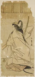 O Ator Onoe Matsusuke I como Príncipe Takanori na peça "Kaeribana Eiyu Taiheiki", apresentada no Teatro Nakamura no décimo primeiro mês de 1779