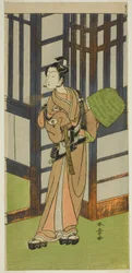 O ator Onoe Tamizo I como Kewaizaka no Shosho disfarçado de Komuso na peça Furisode Kisaragi Soga, apresentada no Teatro Ichimura no segundo mês de 1772