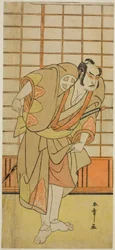 O ator Otani Hiroji III como Hata no Daizen Taketora disfarçado de Shikishima Wakahei na peça Juni-hitoe Komachi-zakura, representada no Teatro Kiri no décimo primeiro mês de 1784
