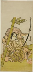 O ator Otani Hiroji III como o guarda Kuriu Zaemon Yorikata na peça Azuma no Mori Sakae Kusunoki, apresentada no Teatro Ichimura no décimo primeiro mês de 1779