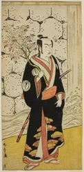 O ator Sawamura Sojuro III como Sonobe Zaemon na peça "Shin Usuyuki Monogatari", apresentada no Teatro Ichimura no oitavo mês de 1779