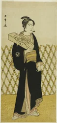 O ator Sawamura Sojuro III como o cabeleireiro Jirokichi na peça Shida Choja-bashira, apresentada no Teatro Nakamura no oitavo mês de 1781