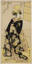 O ator Segawa Kikunojo III como dançarino de Shirabyoshi no Musume Dojo-ji na peça Edo no Hana Mimasu Soga, apresentada no Teatro Nakamura no quarto mês de 1783