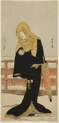 O ator Segawa Kikunojo III como a dama de companhia Suho disfarçado de Tsunokuniya Tsuna, na peça Shitenno Tonoi no Kisewata, apresentada no Teatro Nakamura no décimo primeiro mês de 1781