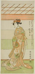 O ator Segawa Kikunojo II como a cortesã Maizuru na peça Furisode Kisaragi Soga, apresentada no Teatro Ichimura no segundo mês, 1772