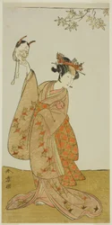 O Ator Segawa Yujiro I como Matsukaze, Irmã de Togashi no Saemon, na Peça Gohiiki Kanjincho (Sua Peça Favorita Kanjincho [A Lista de Assinaturas]), apresentada no Teatro Nakamura desde o Primeiro Dia do Décimo Primeiro Mês, 1773