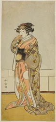 O Ator Yamashita Kinsaku II como Lady Kikusui (Kikusui Gozen) (?) na Peça Kaeribana Eiyu Taiheiki (?), Apresentada no Teatro Nakamura (?) no Décimo Primeiro Mês, 1779 (?)