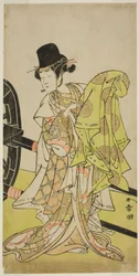 O ator Yamashita Kinsaku II como Tsukimasu, atuando como Sakura-maru, na peça Miya-bashira Iwao no Butai, apresentada no Teatro Morita no Sétimo Mês, 1773