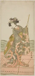 O ator Yoshizawa Iroha I como a princesa Yosooi (Yosooi Hime) na peça Kikujido Shuen no Iwaya, apresentada no Teatro Morita no décimo primeiro mês, 1775