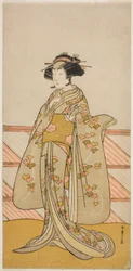 O Ator Yoshizawa Iroha I como Tamamo no Mae (?) na Peça Sakuya Kono Hana no Kaomise (?), Apresentada no Teatro Nakamura (?) no Décimo Primeiro Mês, 1776 (?)