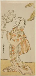 O actor Yoshizawa Sakinosuke III como Naniwazu na peça Sugata no Hana Yuki no Kuronushi, representada no Teatro Ichimura no décimo primeiro mês de 1776