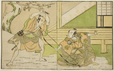 Os atores Arashi Sangoro II como Hojo Tokiyori (direita), e Otani Hiroji III como Koga Saburo (esquerda), na peça Kono Hana Yotsugi no Hachi no Ki, apresentada no Teatro Ichimura no décimo primeiro mês, 1771