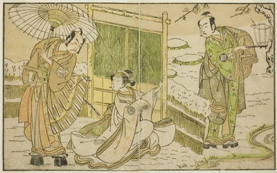 Os atores Arashi Sangoro II como Minamoto no Yoritomo (direita), Segawa Kikunojo II como Yuki Onna (centro), e Ichimura Uzaemon IX como Kajiwara Genta no Kagetoki, na peça Myoto-giku Izu no Kisewata, apresentada no Teatro Ichimura no Décimo primeiro mês,