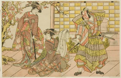 Os atores Ichikawa Danjuro V como Miura Kunitae (direita), Segawa Kikunojo III como Yasukata (centro), e Iwai Hanshiro IV como Utou (esquerda), na peça Godai Genji Mitsugi no Furisode, apresentada no Teatro Nakamura no décimo primeiro mês, 1782