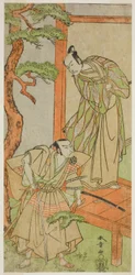 Os atores Ichikawa Danjuro V como Momonoi Wakasanosuke (à direita), e Nakamura Nakazo I como Kakogawa Honzo (à esquerda), na peça Kanadehon Chushingura, apresentada no Teatro Nakamura no Quinto Mês de 1771