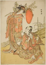 Os Atores Ichikawa Monnosuke II e Segawa Kikunojo III como os Amantes Seijuro (direita) e Onatsu (esquerda), na cena de fuga "Michiyuki Hiyoku no Kiku-cho" (An Elopemet: Chrysanthemum-and-Butterfly Lovebirds), um Interlúdio de Dança de Parte Dois do Pla
