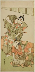 Os Atores Ichikawa Yaozo II como Konoshita Hyokichi (?) (à direita), e Sakata Hangoro II como Matsunaga Daizen Hisahide (?) (à esquerda), na peça Gion Sairei Shinko Ki (?), realizada no Teatro Ichimura (?) em o quinto mês, 1775 (?)