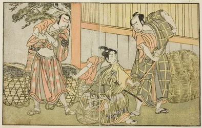 Os atores Kasaya Matakuro II como Hagun Taro (à direita), Ichikawa Monnosuke II como Izutsu no Suke Narihira (centro), e Nakamura Nakazo I como Kose no Kanaoka Disfarçado como Sogoro the Charcoal Maker, na peça Kuni no Hana Ono no Itsumoji, interpretada no