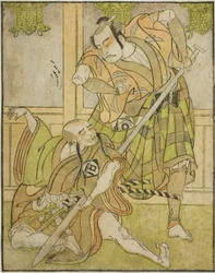 Kasaya Matakuro II como Nobuyori Disfarçado como o Yakko Gunnai (à direita), e Miyazaki Hachizo como o monge leigo Hambyo Nyudo (à esquerda), na peça Nue no Mori Ichiyo no Mato, apresentada no Teatro Nakamura no décimo primeiro mês,