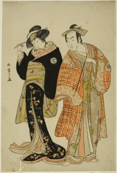 Os Atores Matsumoto Koshiro IV e Segawa Kikunojo III como os Amantes Choemon (direita) e Ohan (esquerda), na cena de fuga "Michiyuki Segawa no Adanami" (An Elopement: Traacherous Waves in the Shallow River), um Interlúdio de Dança da Parte Dois do jogo