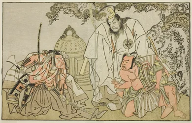 Os atores Nakajima Mihoemon II como Aramaki Mimishiro (direita), Matsumoto Koshiro II como Otomo no Yamanushi (centro), e Ichikawa Danzo III como Hannya no Goro (esquerda), na peça Kuni no Hana Ono no Itsumoji, apresentada no Teatro Nakamura no décimo prim