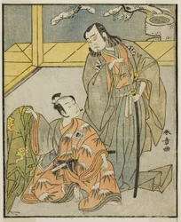 Os atores Nakamura Denkuro II como Suma no Dairyo (direita), e Ichikawa Komazo II como Ariwara no Yukihira (esquerda), na peça Kuni no Hana Ono no Itsumoji, apresentada no Teatro Nakamura no décimo primeiro mês, 1771