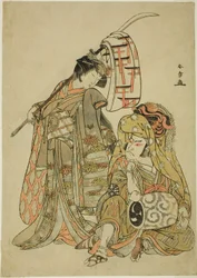 Os Atores Nakamura Nakazo I como Onmaya Kisanda Vestido como Kakubei, o Dançarino do Leão (Kakubei-jishi) (à direita) e Segawa Kikunojo III como Shizuka Gozen (à esquerda), na Sequência de Dança "Myoto-zake Kawaranu Nakanaka" (Eterna Harmonia do Casamento 