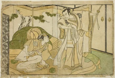 Os atores Nakamura Nakazo I como Taira no Kiyomori (direita), e Yamashita Kinsaku II como Tokiwa Gozen (esquerda), na peça Nue no Mori Ichiyo no Mato, apresentada no Teatro Nakamura no décimo primeiro mês, 1770