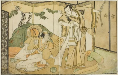 Os atores Nakamura Nakazo I como Taira no Kiyomori (direita), e Yamashita Kinsaku II como Tokiwa Gozen (esquerda), na peça Nue no Mori Ichiyo no Mato, apresentada no Teatro Nakamura no décimo primeiro mês, 1770