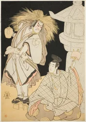 Os atores Nakayama Kojuro VI como Osada Taro Kagemune (em Realidade Hatcho Tsubute no Kiheiji) na aparência de um Lamplighter of Gion Shrine (esquerda), e Sawamura Sojuro III como Komatsu no Shigemori (direita), no terceiro ato da Parte Um do Jogue Yukimot