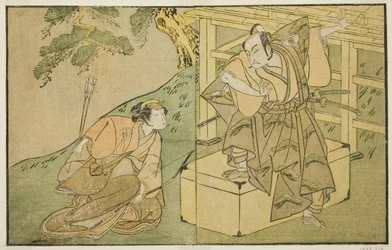 Os atores Onoe Matsusuke I como Akaboshi Taro (direita), e Azuma Tozo II como Shirotae (esquerda), na peça Kono Hana Yotsugi no Hachi no Ki, apresentada no Teatro Ichimura no décimo primeiro mês, 1771