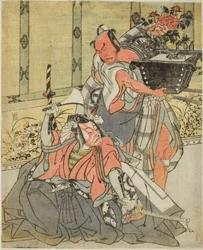 Os atores Otani Hiroemon III como Shinagawa Okaminosuke (direita), e Ichikawa Danjuro V como Arashishi Otokonosuke (esquerda), na peça Fuki Kaete Tsuki mo Yoshiwara (Rethatched Roof: The Moon also Shines Over the Yoshiwara Pleasure District), realizada no