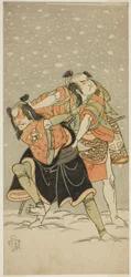 Os atores Otani Hiroji III como Kameo (direita) e Sakata Sajuro I como Ario (esquerda), na peça Hime Komatsu Ne no Hi Asobi, apresentada no Teatro Ichimura no Nono Mês, 1768