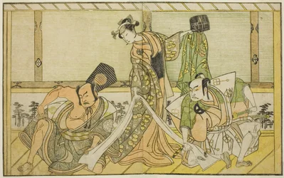 Os atores Otani Hiroji III como Kawazu no Saburo (direita), Segawa Kikunojo II como Princesa Tatsu (Tatsu Hime) (centro), e Nakamura Sukegoro II como Matano no Goro (esquerda), na peça Myoto-giku Izu no Kisewata, realizada no Teatro Ichimura no Eleven