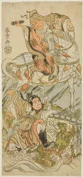 Os atores Sawamura Sojuro II como o sábio chinês Huangshi Gong (a cavalo), e Ichikawa Danzo III como o guerreiro chinês Zhang Liang (montado em um dragão), no Finale da Peça Otokoyama Yunzei Kurabe (No Monte Otoko, um Julgamento de Força no Desenho