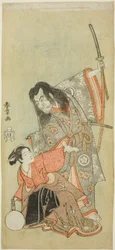 Os atores Sawamura Sojuro II como o padre Shunkan e Azuma Tozo II como Oyasu na peça "Hime Komatsu Ne no Hi Asobi (Saída para colher mudas de pinheiro no dia do rato do ano novo)"