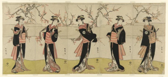 Os atores Segawa Kikunojo III como Karigane Obun, Nakayama Tomisaburo I como An no Oyasu, Iwai Kiyotaro II como Kaminari no Osha, Nakayama Tatezo I como Gokuin no Osen e Ichikawa Monnosuke II como Hotei no Oichi (da direita para a esquerda), em "Gonin Onna