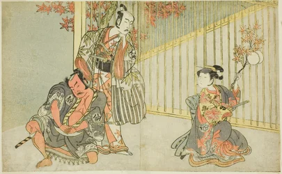Os atores Yamashita Kinsaku II como Mutsuhana (direita), Bando Mitsugoro I como Kashiwagi no Emon (centro), e Nakamura Sukegoro II como Akamatsu Mushanosuke (esquerda), na peça Fuki Kaete Tsukimo Yoshiwara (Rethatched Roof: The Moon also Shines Over) o Yos