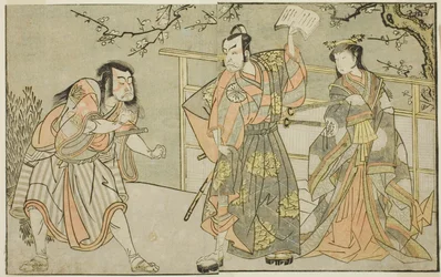 Os atores Yamashita Yaozo I como Ono no Komachi (direita), Matsumoto Koshiro II como Godai Saburo (centro), e Ichikawa Danzo III como Otomo no Kuronushi (esquerda), na peça "Kuni no Hana Ono no Itsumoji", apresentada no Teatro Nakamura no décimo primeiro m