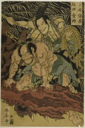 A aranha da terra morta pelo corajoso samurai Watanabe no Tauna (imagem central)
