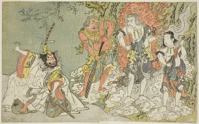 A peça Fuki Kaete Tsuki mo Yoshiwara (Telhado remodelado: a lua também brilha sobre o bairro de prazeres de Yoshiwara), representada no Teatro Morita no décimo primeiro mês, c.1771-72 (xilogravura)