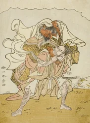 O Guerreiro Omori Hikoshichi Carregando um Demónio Feminino nas Costas, c.1772 (impressão a cores de bloco de madeira; chuban)