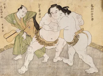 The Wrestling Match entre Kimenzan Tanigoro e Edogasaki Gemji (impressão em xilogravura colorida)