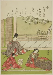 "Yo": Um homem encontra um ex-amante, agora servindo em uma casa provincial, da série "Tales of Ise in Fashionable Brocade Pictures (Furyu nishiki-e Ise monogatari)"
