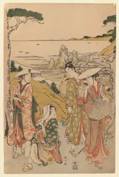 Uma companhia de peregrinos de Yedo fora de uma casa de chá nas colinas atrás da praia de Futami que admira a visão, 1795 (impressão de woodblock de cor)