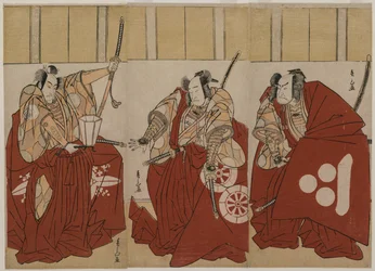 Ichikawa Monnosuke II como Urabe Suetake, Onoe Matsusuke I como Usui Sadamitsu e Nakamura Nakazo I como Watanabe no Tsuna em Os Quatro Reis Celestiais Trajados como a Ronda Noturna