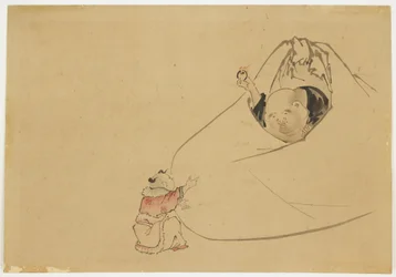 Hotei oferece joia flamejante a um menino, c.1850 (tinta e cor no papel)
