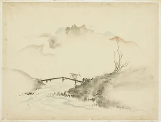 Paisagem com Farmer Crossing Bridge, 1615-1868 (tinta e cor no papel)